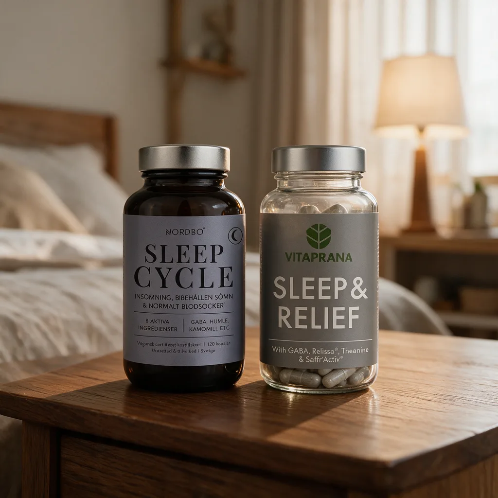 Nordbon tummanruskea Sleep Cycle -purkki ja Vitapranan läpinäkyvä Sleep & Relief -purkki vierekkäin puisella yöpöydällä