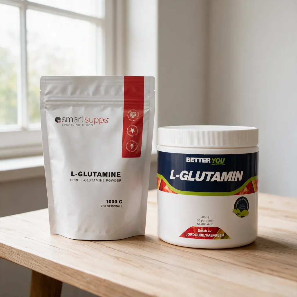 Valkoinen SmartSupps L-Glutamine -pussi ja Better You L-Glutamin -purkki mansikka-raparperi-etiketillä rinnakkain puisella pöydällä