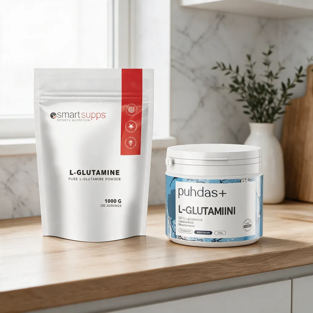 Valkoinen SmartSupps L-Glutamine -pussi ja valkoinen Puhdas+ L-Glutamiini -purkki vierekkäin keittiön työtasolla