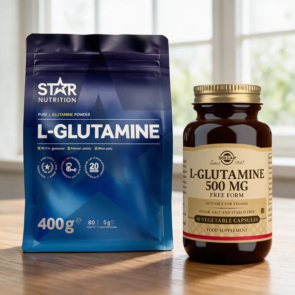Sininen Star Nutrition L-Glutamine -pussi ja ruskea Solgar L-Glutamiini -lasipurkki rinnakkain puisella pöydällä