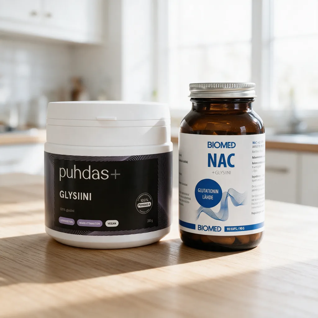 Valkoinen Puhdas+ Glysiini -purkki ja ruskea Biomed NAC + Glysiini -lasipurkki vierekkäin aamupalapöydällä