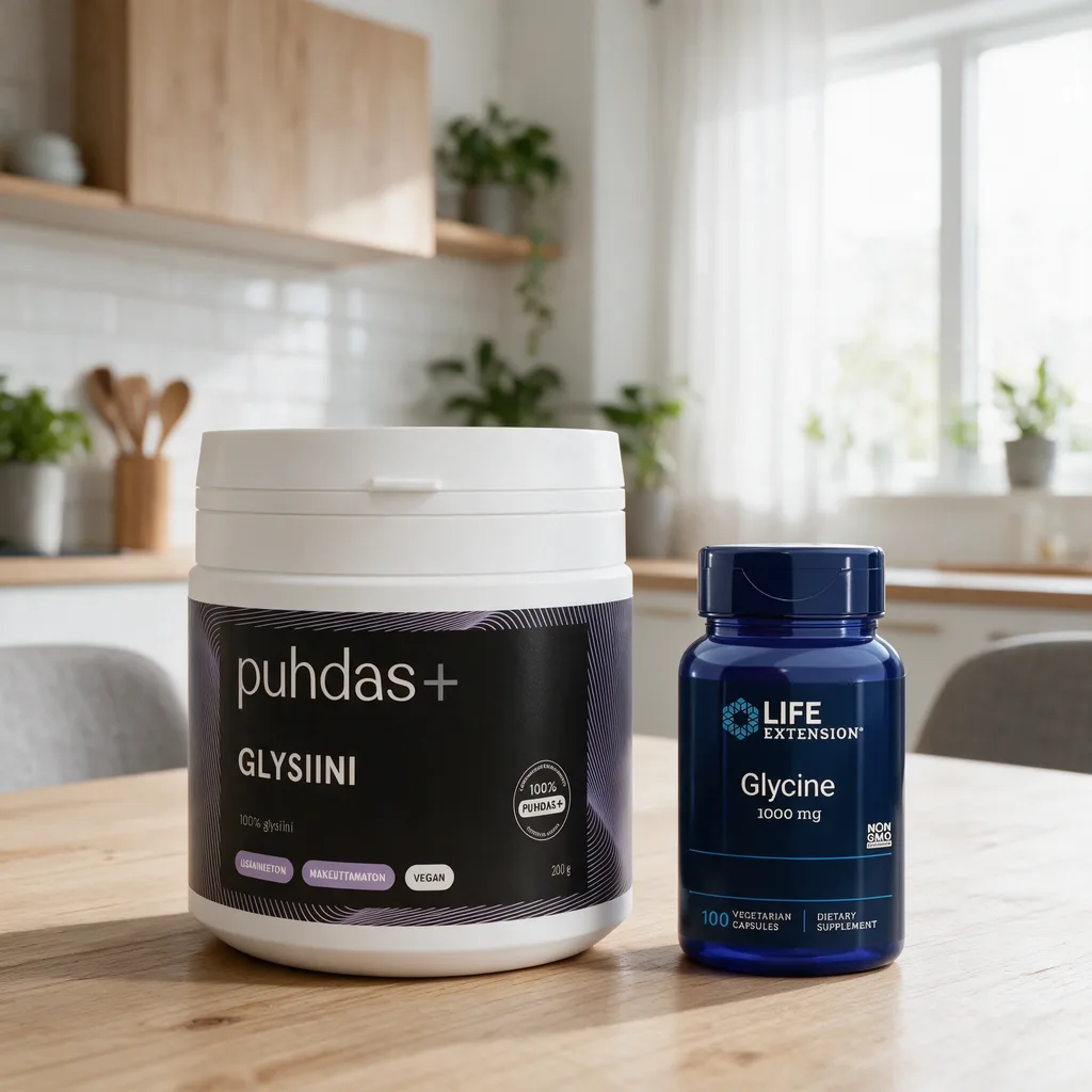 Valkoinen Puhdas+ Glysiini -jauhepurkki ja tummansininen Life Extension Glycine -kapselipurkki rinnakkain puisella pöydällä
