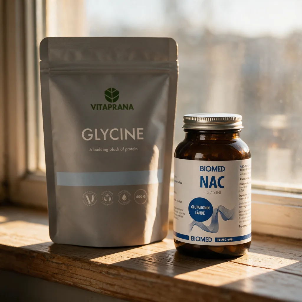 Harmaa Vitaprana Glycine -pussi ja ruskea Biomed NAC + Glysiini -lasipurkki ikkunalaudalla iltavalossa