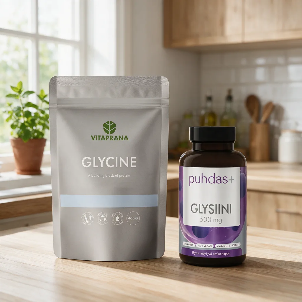 Harmaa Vitaprana Glycine -jauhepussi ja tummanruskea Puhdas+ Glysiini 500 mg -kapselipurkki vierekkäin keittiön työtasolla