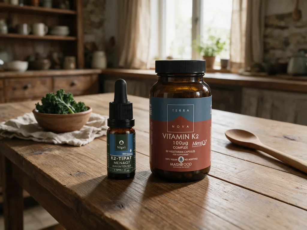 Nogel K2-tipat -pullo ja Terranova Vitamin K2 -purkki rinnakkain puisella keittiön pöydällä