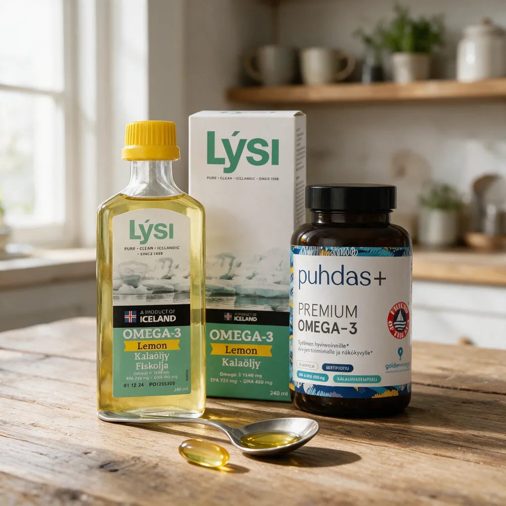 Lysi Omega-3 Lemon -pullo ja Puhdas+ Premium Omega-3 -purkki rinnakkain keittiön pöydällä, edessä teelusikallinen öljyä ja kapseli