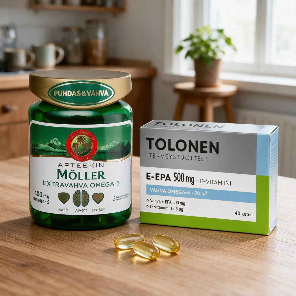 Apteekin Möller Extravahva Omega-3 -purkki ja Tolonen E-EPA 500 mg -rasia rinnakkain keittiön pöydällä, edessä muutama kapseli
