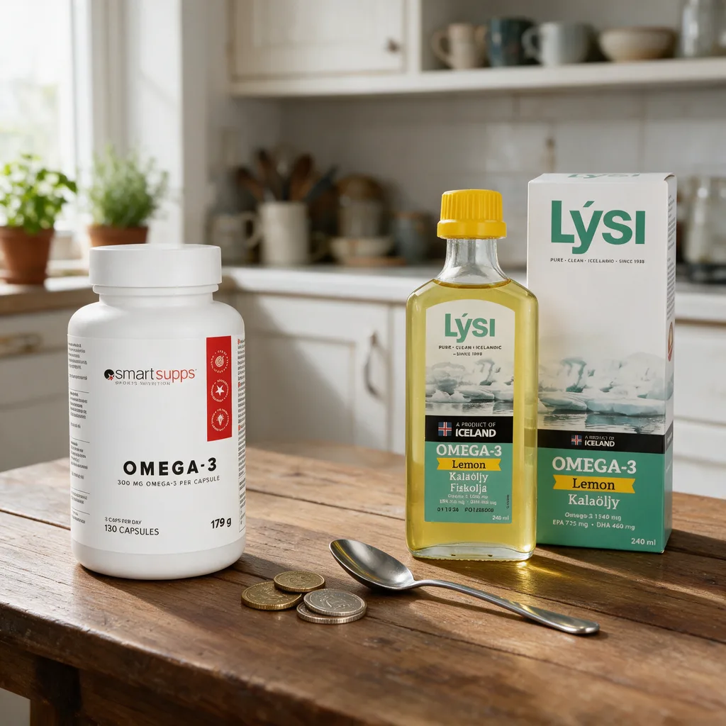 SmartSupps Omega-3 -purkki vasemmalla ja Lysi Omega-3 Lemon -pullo oikealla, välissä muutama kolikko ja teelusikka