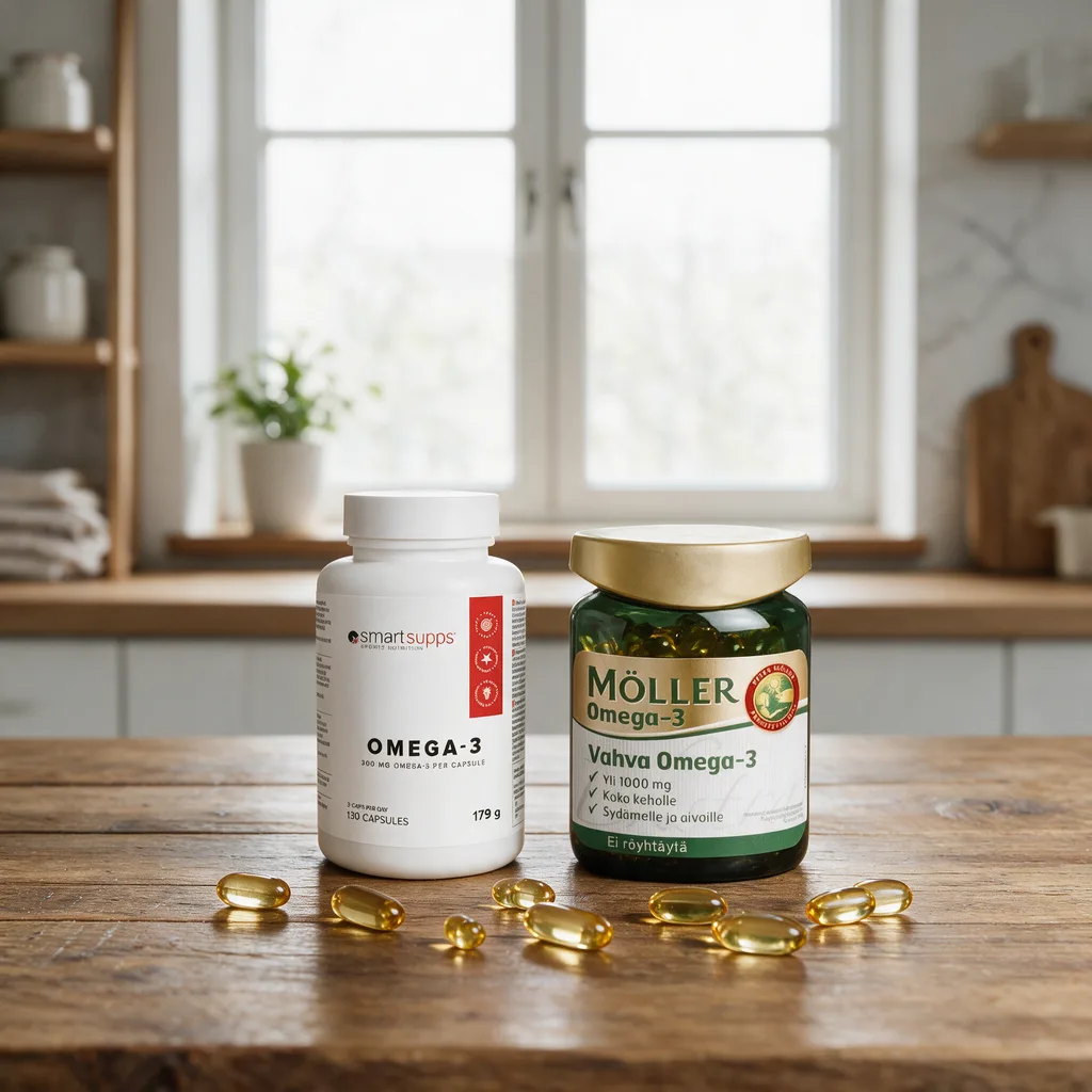 SmartSupps Omega-3 -purkki ja Möller Vahva Omega-3 -lasipurkki rinnakkain puisella pöydällä, edessä pieniä ja suuria kapseleita