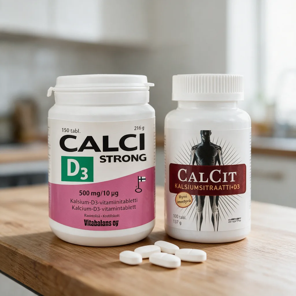 Calci Strongin valkoinen purkki pinkillä etiketillä ja Calcitin valkoinen purkki punaruskealla etiketillä vierekkäin puisella tasolla, edessä valkoisia tabletteja