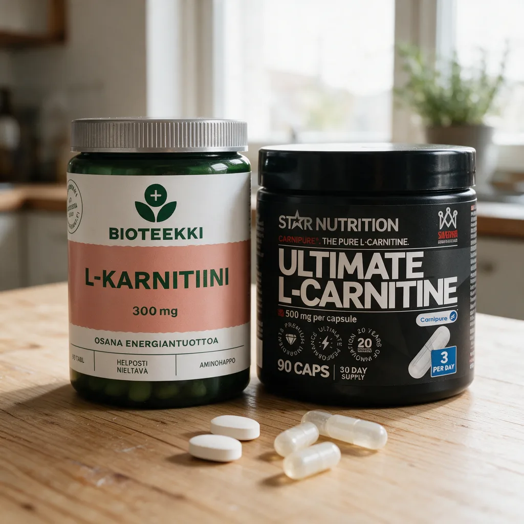 Bioteekki L-Karnitiini -tablettipurkki ja Star Nutrition Ultimate L-Carnitine -kapselipurkki rinnakkain, edessä tabletteja ja kapseleita