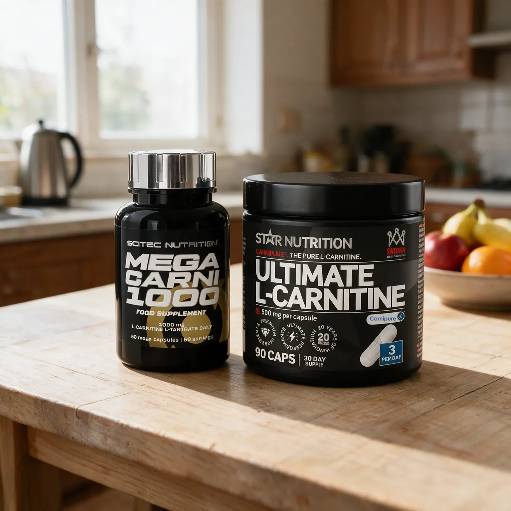 Scitec Nutrition Mega Carni 1000- ja Star Nutrition Ultimate L-Carnitine -kapselipurkit rinnakkain keittiön pöydällä