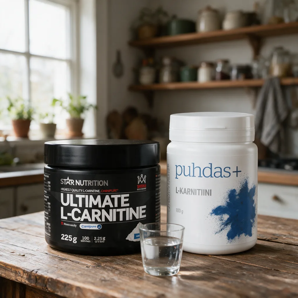 Star Nutrition Ultimate L-Carnitine -jauhepurkki ja Puhdas+ L-karnitiini -purkki vierekkäin keittiön pöydällä