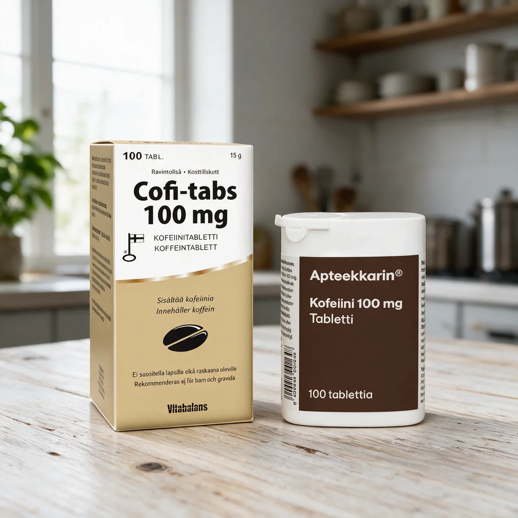 Cofi-Tabs-rasia ja valkoinen Apteekkarin Kofeiini -taskurasia rinnakkain keittiön pöydällä, edessä valkoisia tabletteja