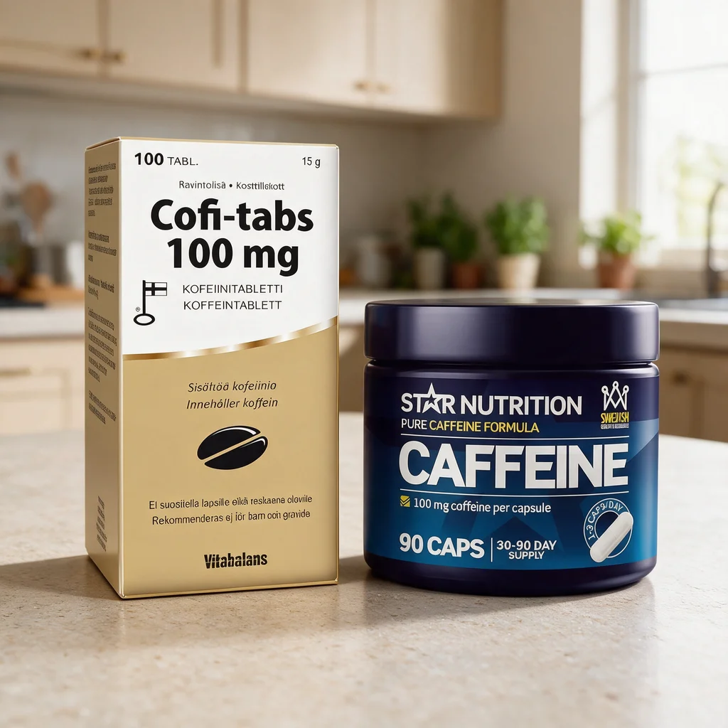 Cofi-Tabs-rasia ja Star Nutrition Caffeine 100 mg -purkki keittiön pöydällä, edessä tabletti ja kapseli