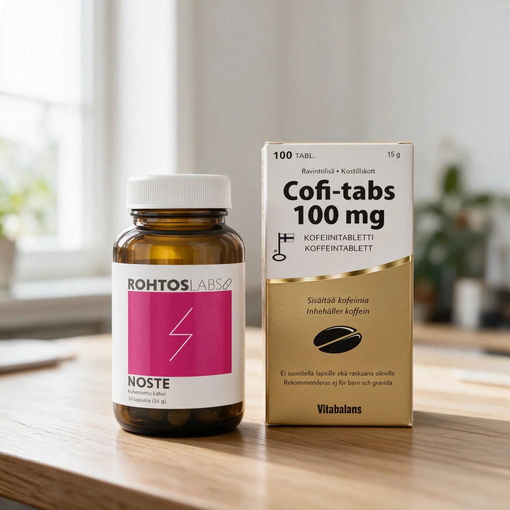 Ruskea Rohtos Noste -lasipurkki ja Cofi-Tabs-rasia keittiön pöydällä, välissä muutama kolikko