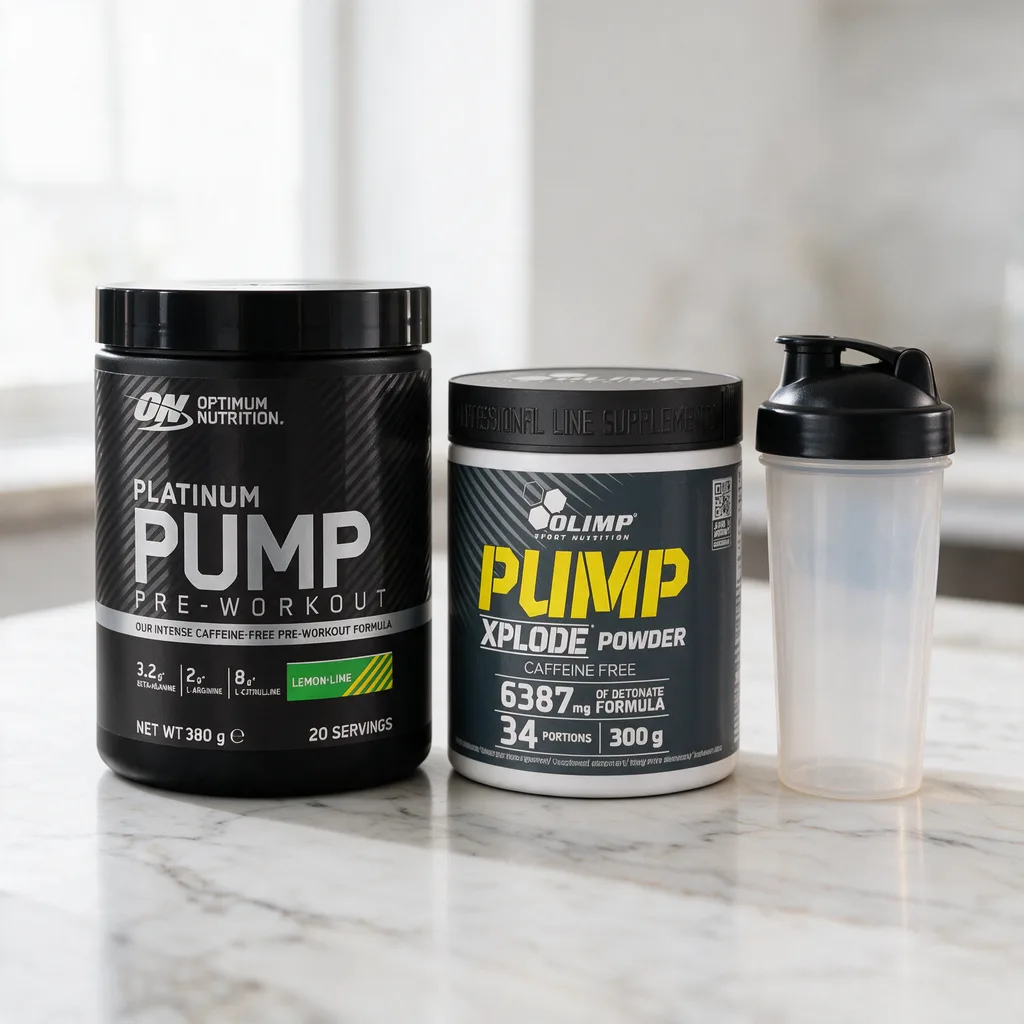 Kaksi pumppijauhetta, Optimum Nutritionin musta ja Olimpin tummanharmaa purkki, marmorisella työtasolla shakerin vieressä