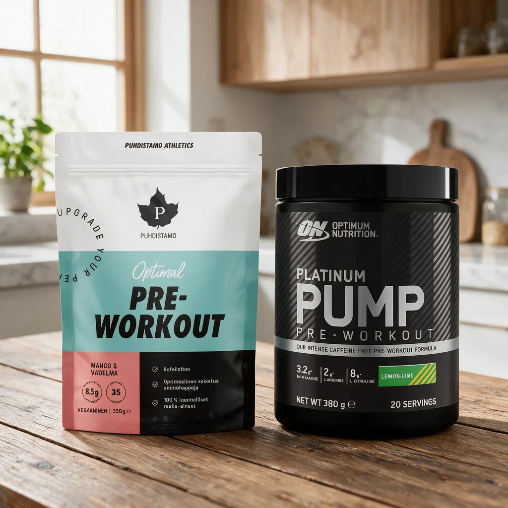 Puhdistamo Optimal Pre-Workout -pussi ja musta Optimum Nutrition Platinum PUMP -purkki vierekkäin puisella pöydällä