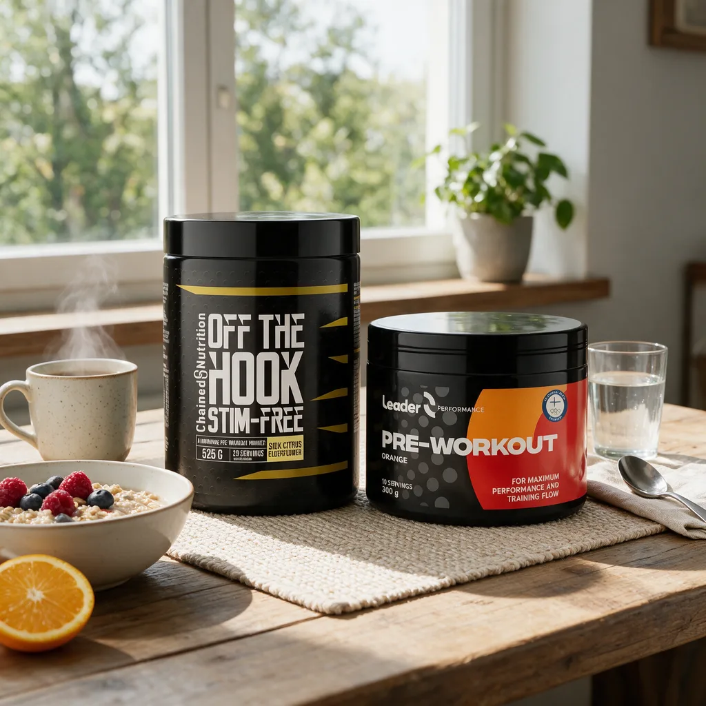 Musta Off The Hook Stim-Free -purkki keltaisin raidoin ja musta Leader Performance Pre-Workout -purkki vierekkäin aamupalapöydällä