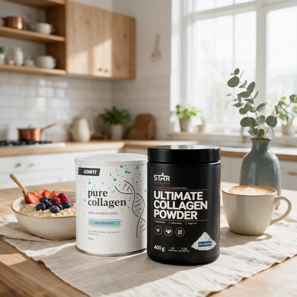 ICONFITin valkoinen, sinipilkullinen kollageenipurkki ja Star Nutritionin musta kollageenipurkki rinnakkain aamiaispöydällä
