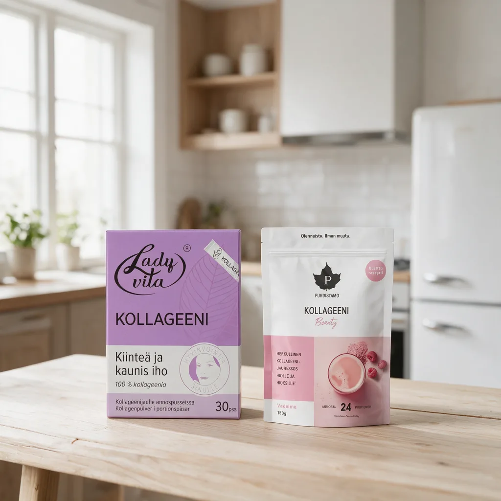 Violetti Ladyvita Kollageeni -rasia ja vaaleanpunainen Puhdistamo Kollageeni Beauty -pussi rinnakkain keittiön pöydällä