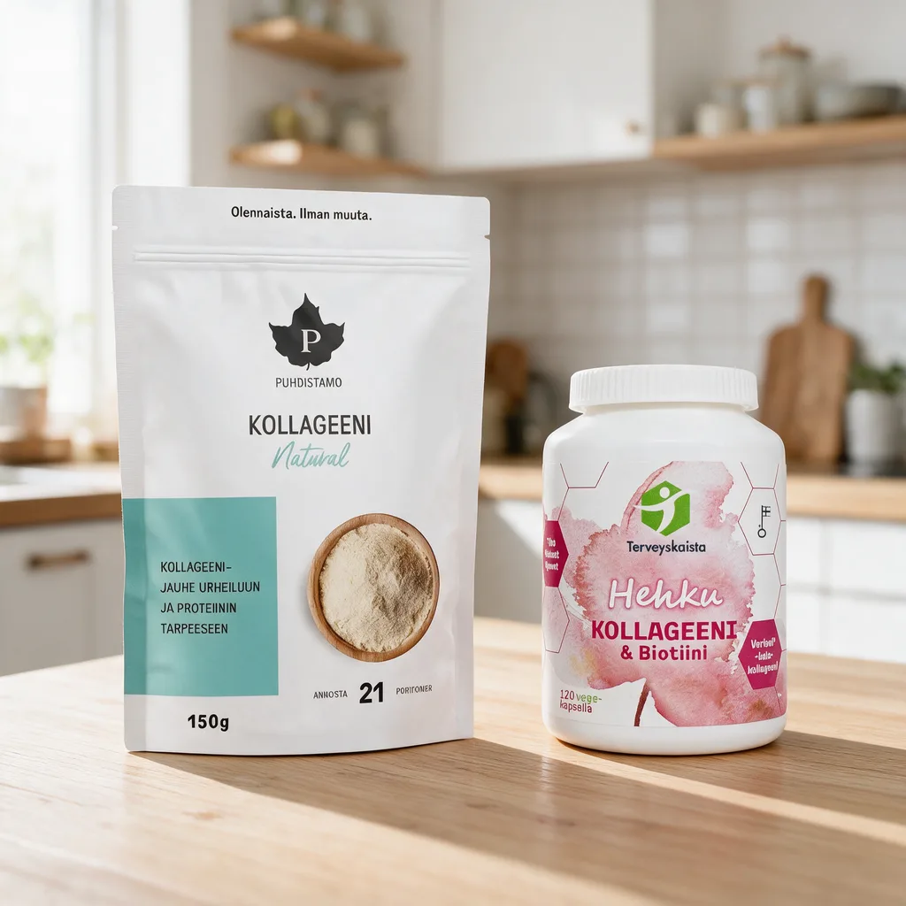 Valkoinen Puhdistamo Kollageeni Natural -pussi ja valkoinen Terveyskaista HEHKU -kapselipurkki rinnakkain puisella pöydällä