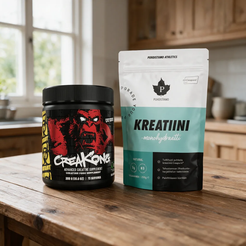 Musta Mutant CreaKong -purkki ja vaalea Puhdistamo Athletics Kreatiini -pussi rinnakkain puisella keittiön pöydällä