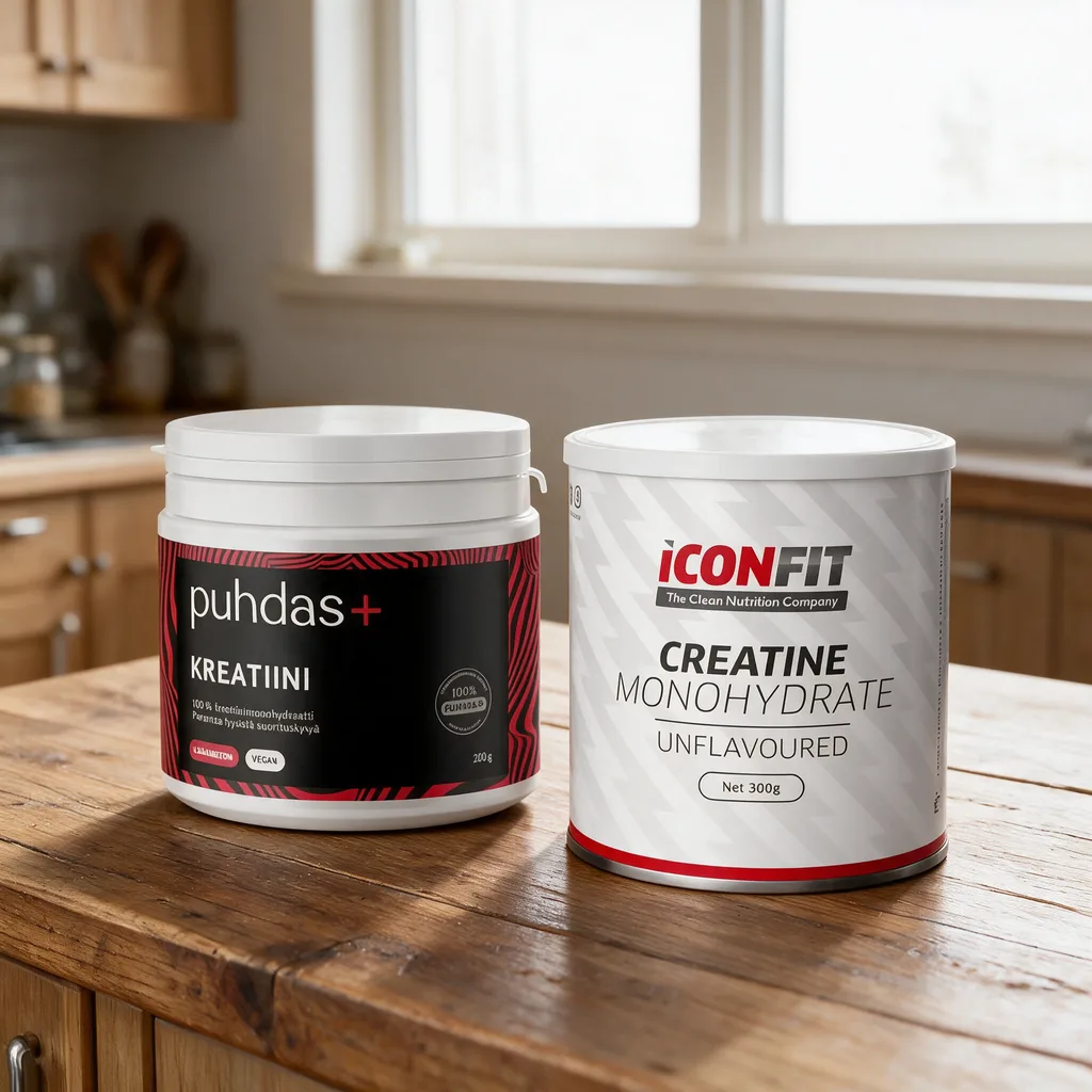 Musta Puhdas+ Kreatiini -purkki ja valkoinen ICONFIT Creatine Monohydrate -purkki vierekkäin puisella työtasolla