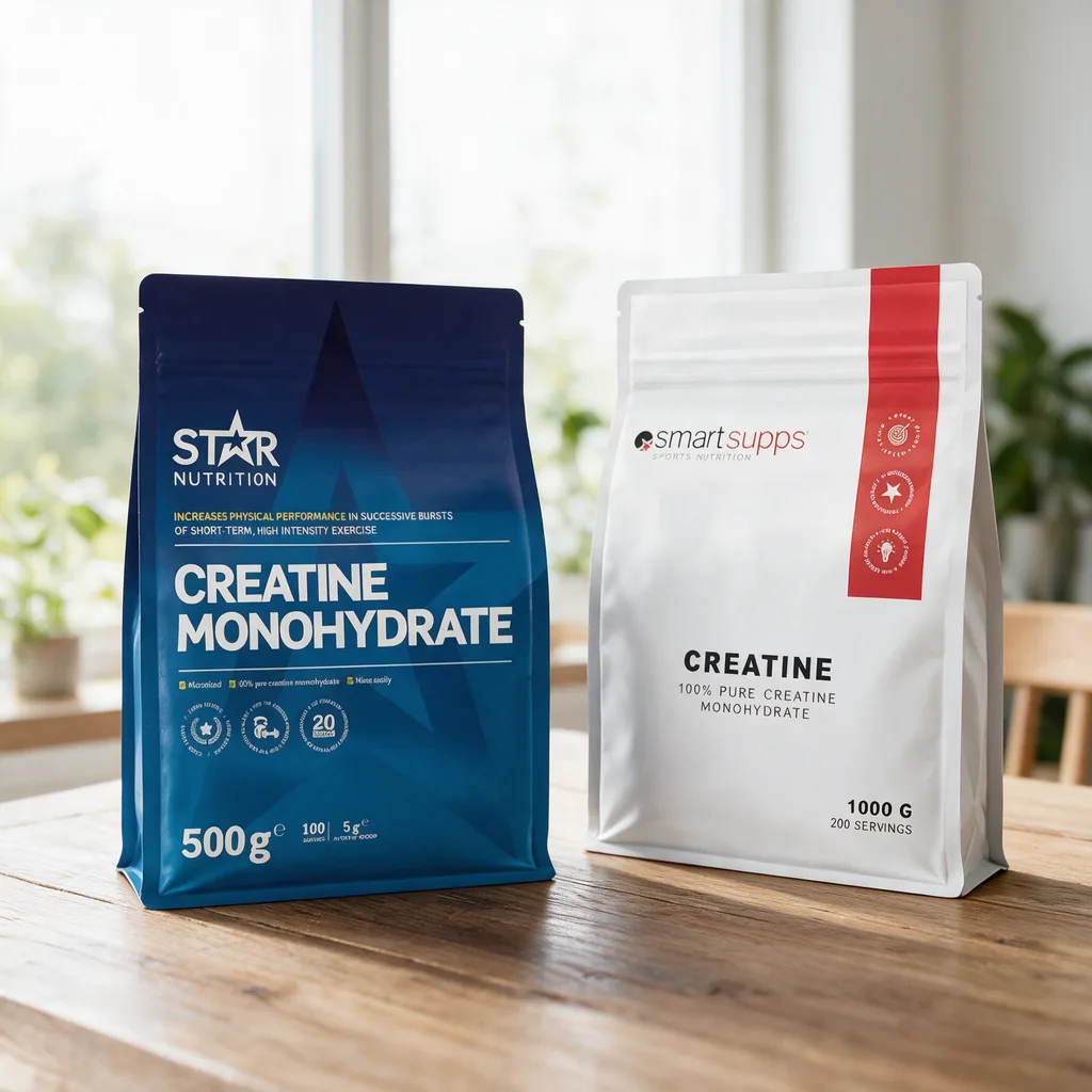 Sininen Star Nutrition Creatine Monohydrate -pussi ja valkoinen SmartSupps Creatine -pussi rinnakkain puisella pöydällä