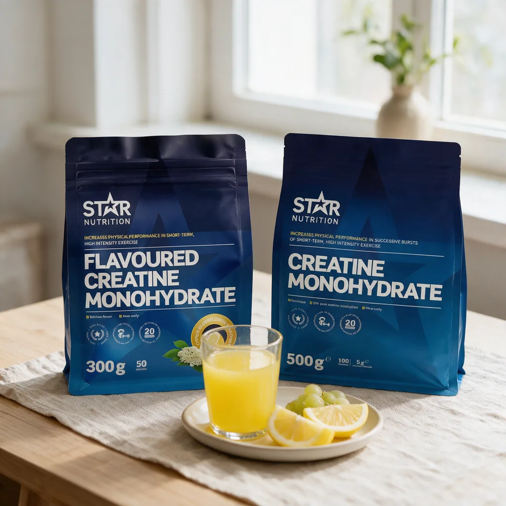 Star Nutritionin maustettu ja maustamaton kreatiinipussi aamiaispöydällä, edessä lasi keltaista juomaa