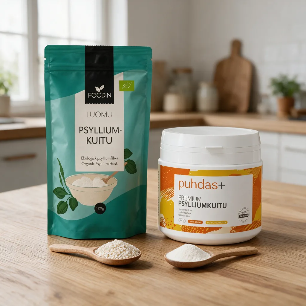 Foodinin vihreä psylliumpussi ja Puhdas+ Premium Psyllium -purkki tammipöydällä, edessä teelusikallinen rouhetta ja teelusikallinen hienoa jauhetta