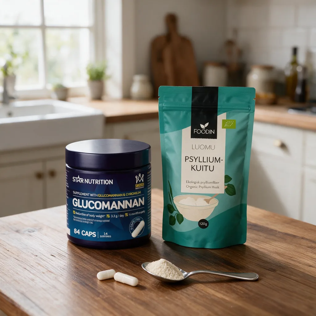 Sininen Star Nutrition Glucomannan -purkki ja vihreä Foodin Luomu Psylliumkuitu -pussi keittiön pöydällä, edessä kaksi kapselia ja teelusikallinen psylliumia