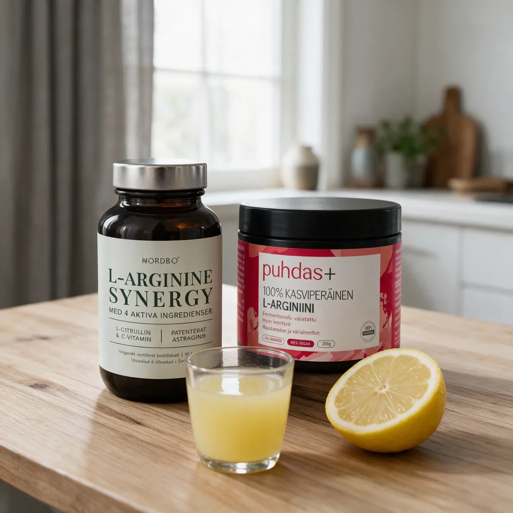 Tumma Nordbo L-Arginine Synergy -lasipurkki ja punainen Puhdas+ L-Arginiini -purkki keittiön pöydällä, edessä lasillinen tuoremehua ja sitruunanpuolikas