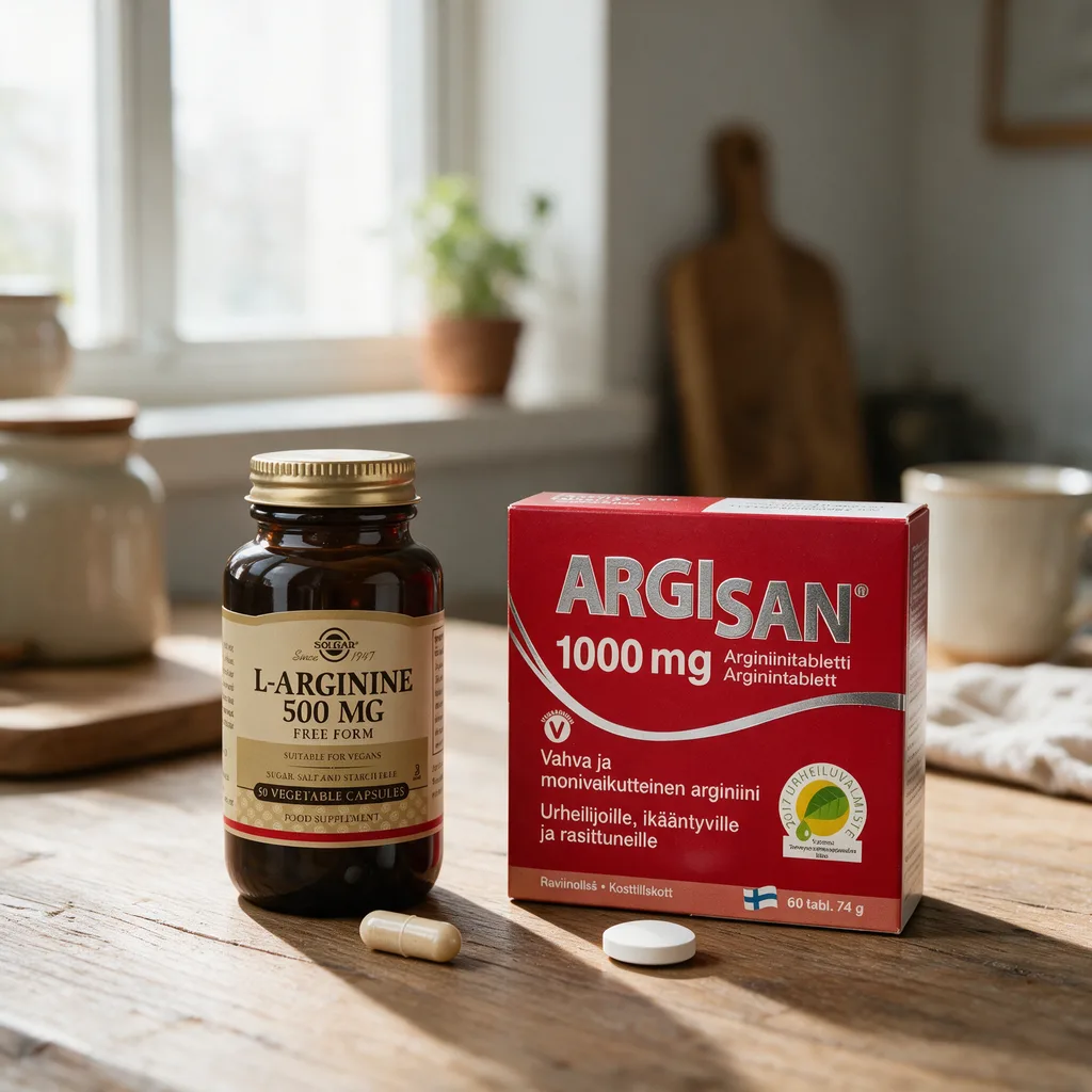 Solgar L-Arginine -lasipurkki ja punainen Argisan-rasia vierekkäin puisella keittiön pöydällä, edessä kapseli ja tabletti