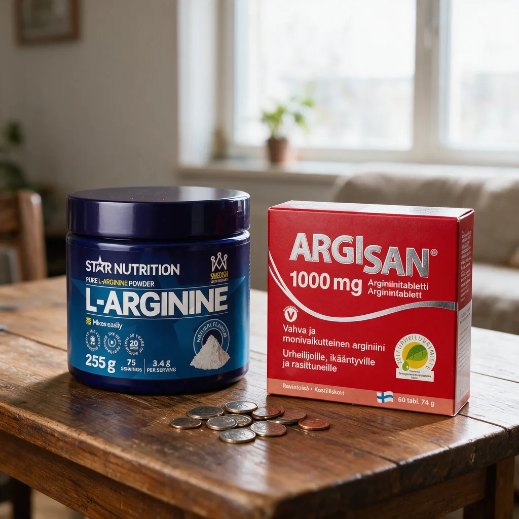 Star Nutrition L-Arginine -purkki vasemmalla ja Argisan-rasia oikealla, välissä kolikoita puisella pöydällä
