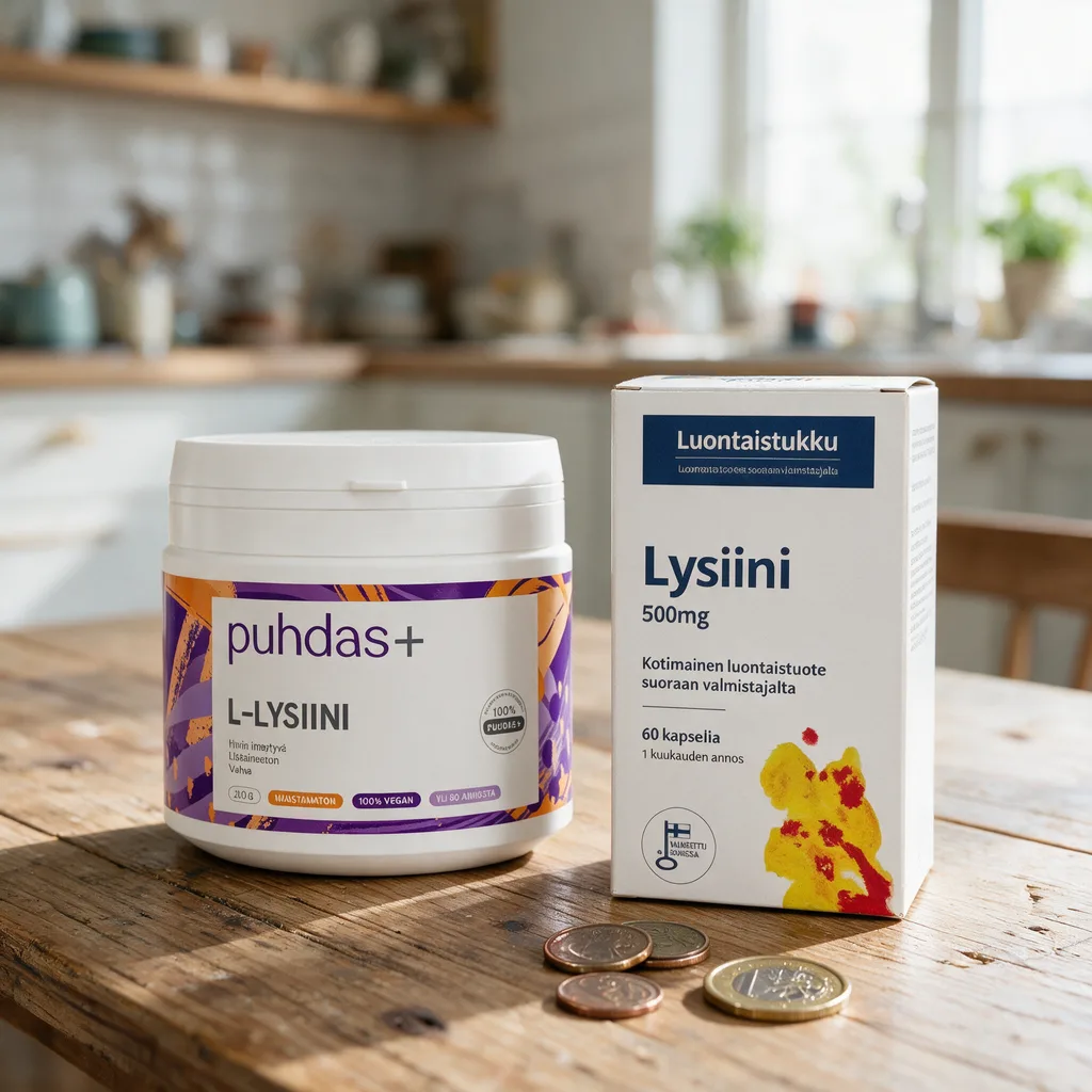 Puhdas+:n valkoinen jauhepurkki violetilla etiketillä ja Luontaistukun valkoinen rasia sinisellä raidalla vierekkäin, edessä muutama kolikko