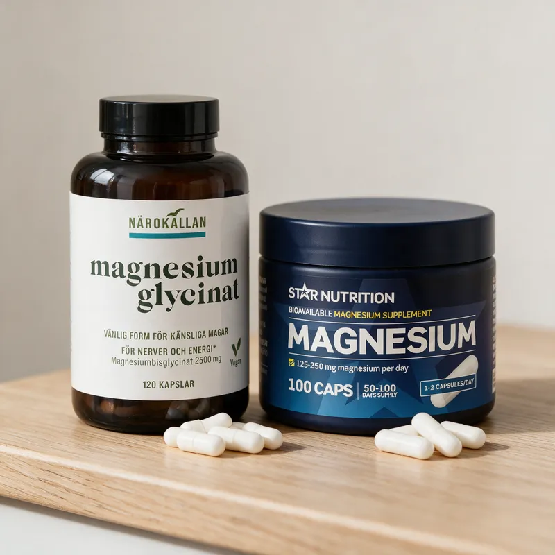 Närokällan Magnesiumglysinaatti- ja Star Nutrition Magnesium -purkit rinnakkain keittiön pöydällä