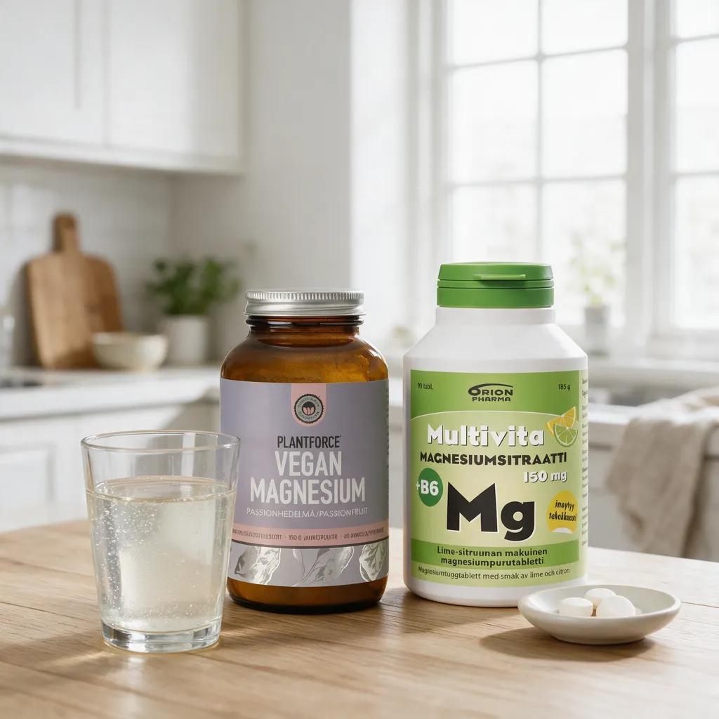 Plantforce Vegan Magnesium -purkki ja Multivita Magnesiumsitraatti -purkki rinnakkain, edessä kuohuva juomalasi ja purutabletteja