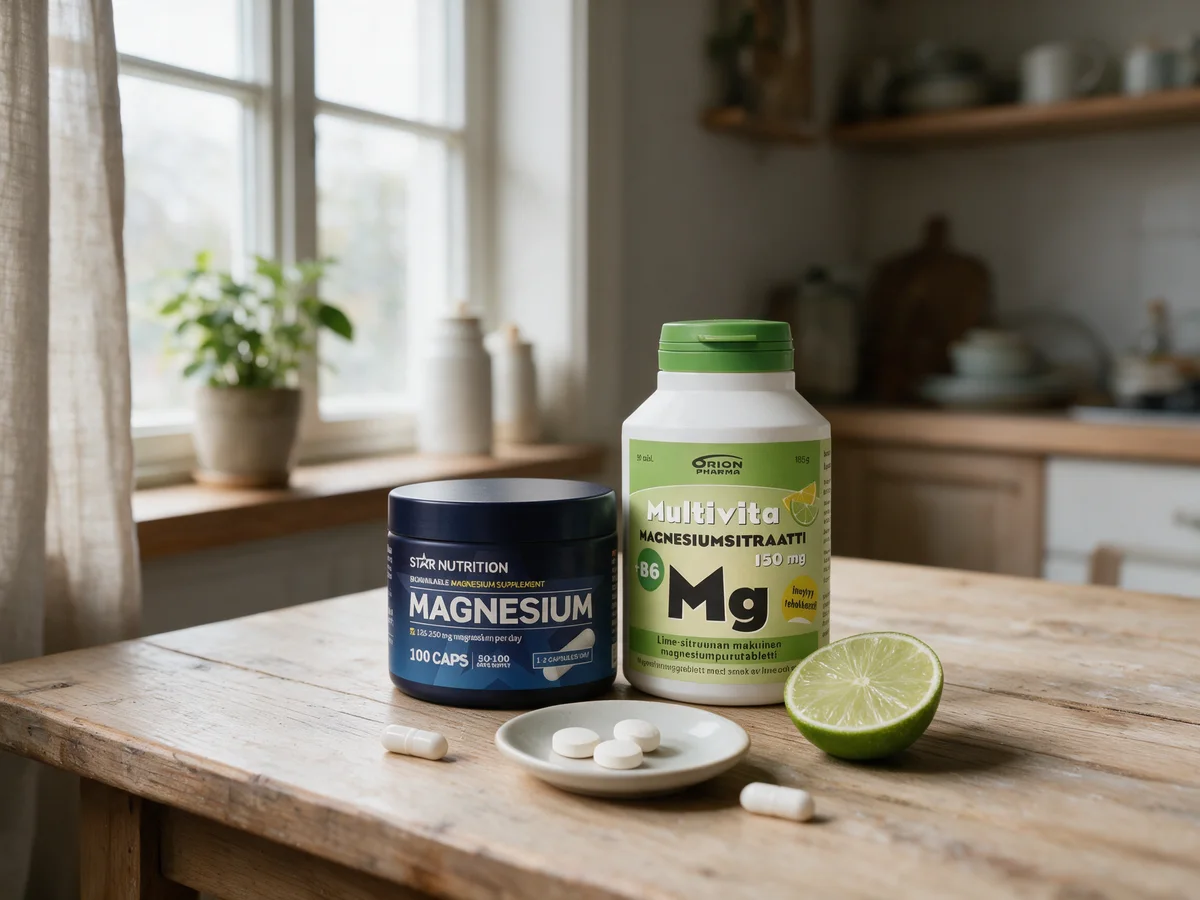 Star Nutrition Magnesium- ja Multivita Magnesiumsitraatti -purkit vanhalla puupöydällä, edessä purutabletteja lautasella, kaksi kapselia ja puolikas lime