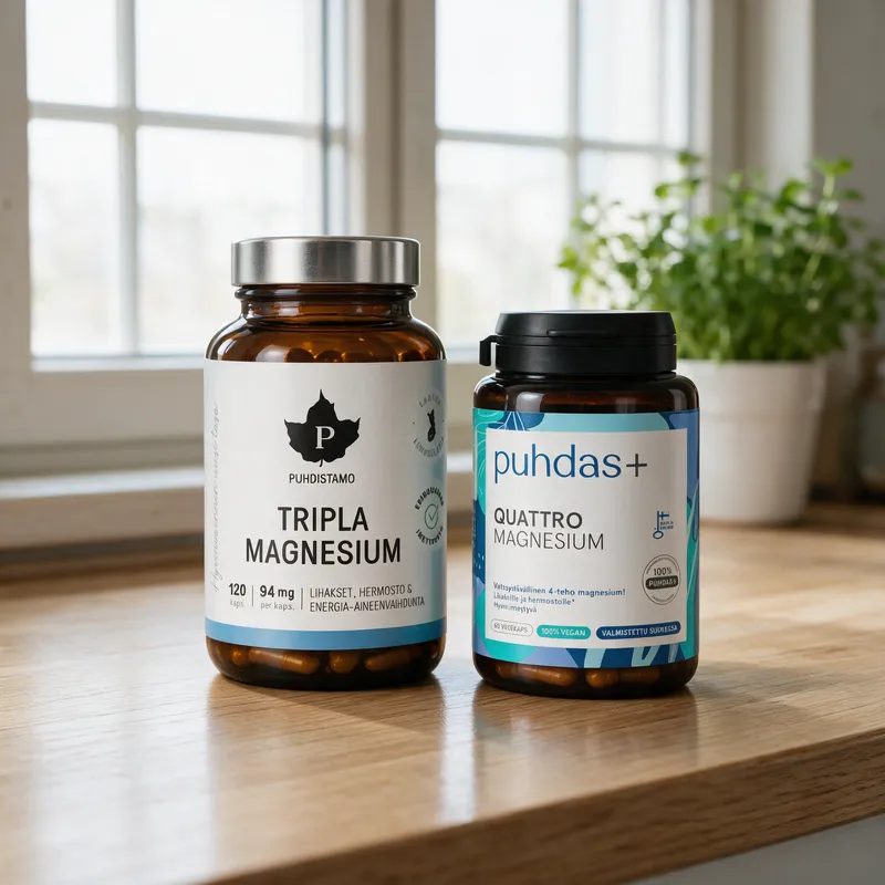 Puhdistamo Tripla magnesium- ja Puhdas+ Quattro Magnesium -purkit rinnakkain puisella työtasolla ikkunan edessä