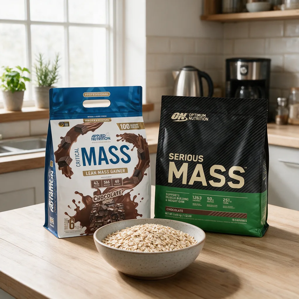 Applied Nutrition Critical Massin ja Optimum Nutrition Serious Massin pakkaukset vierekkäin, edessä kulhollinen kaurahiutaleita