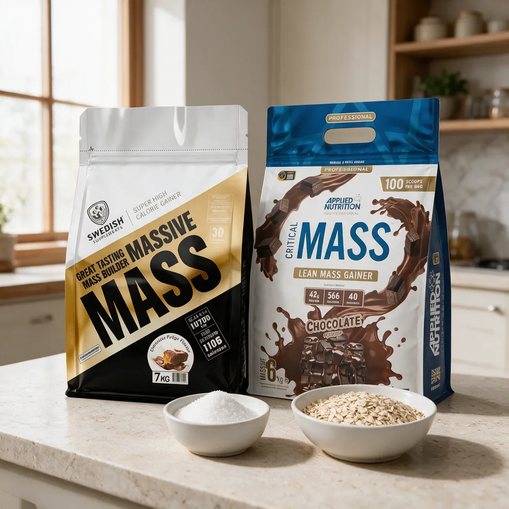 Swedish Supplements Massive Massin ja Applied Nutrition Critical Massin pakkaukset vierekkäin, edessä sokeriastia ja kaurakulho