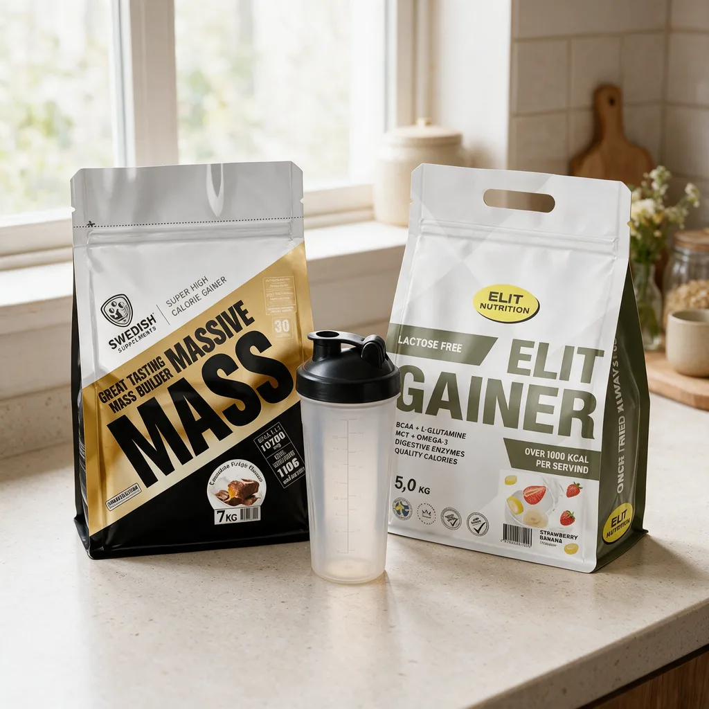 Swedish Supplements Massive Massin ja Elit Nutrition Elit Gainerin pakkaukset vierekkäin, niiden välissä shakeri