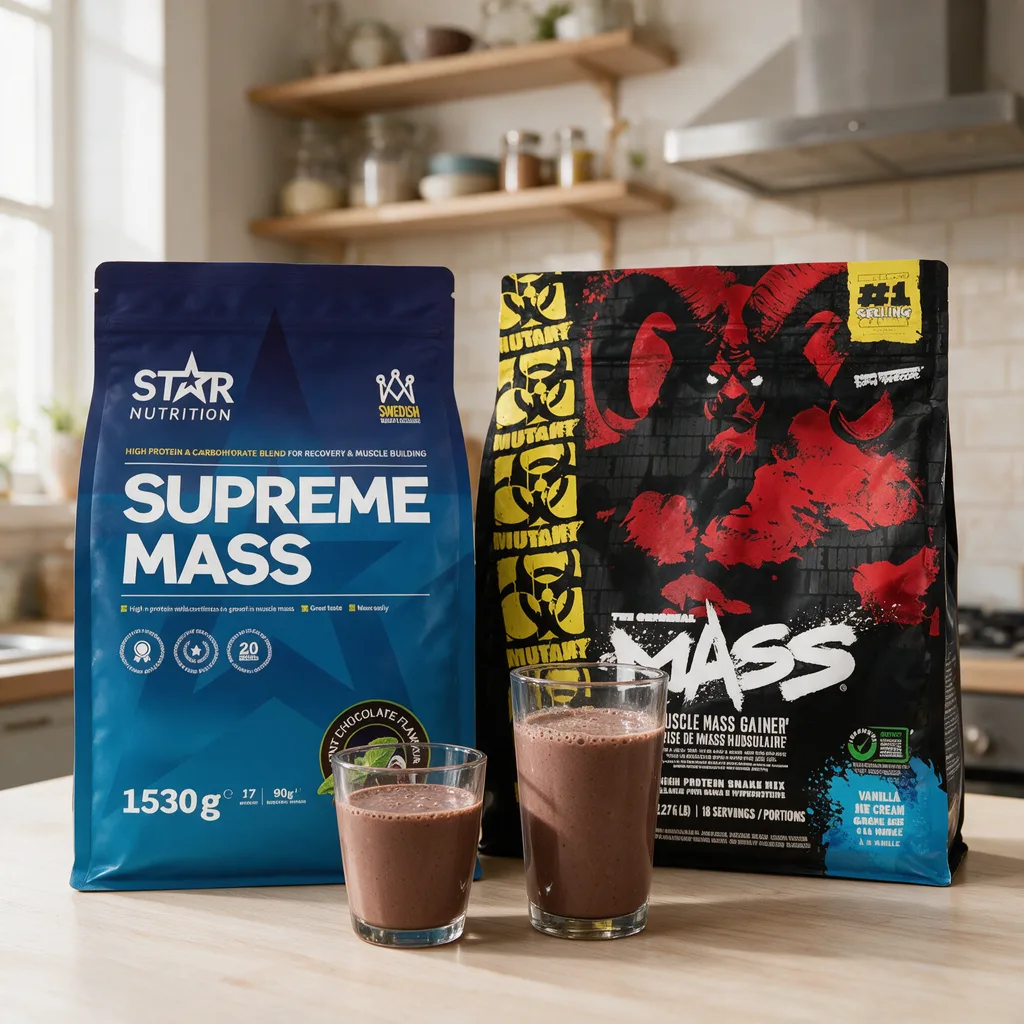 Star Nutrition Supreme Massin ja Mutant Massin pakkaukset vierekkäin, edessä pieni ja iso lasi gainerijuomaa