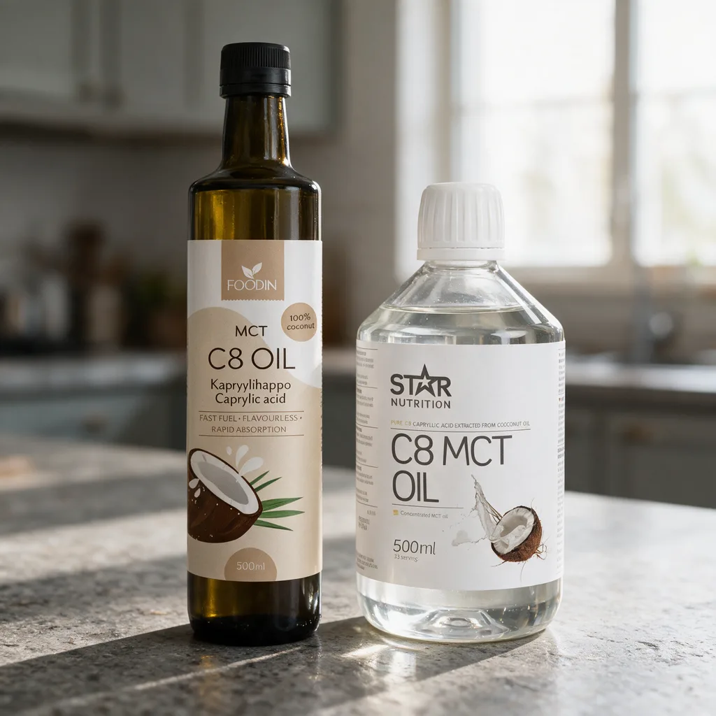 Tumma Foodin Kapryylihappo -pullo ja kirkas Star Nutrition C8 MCT Oil -muovipullo vierekkäin harmaalla kivitasolla