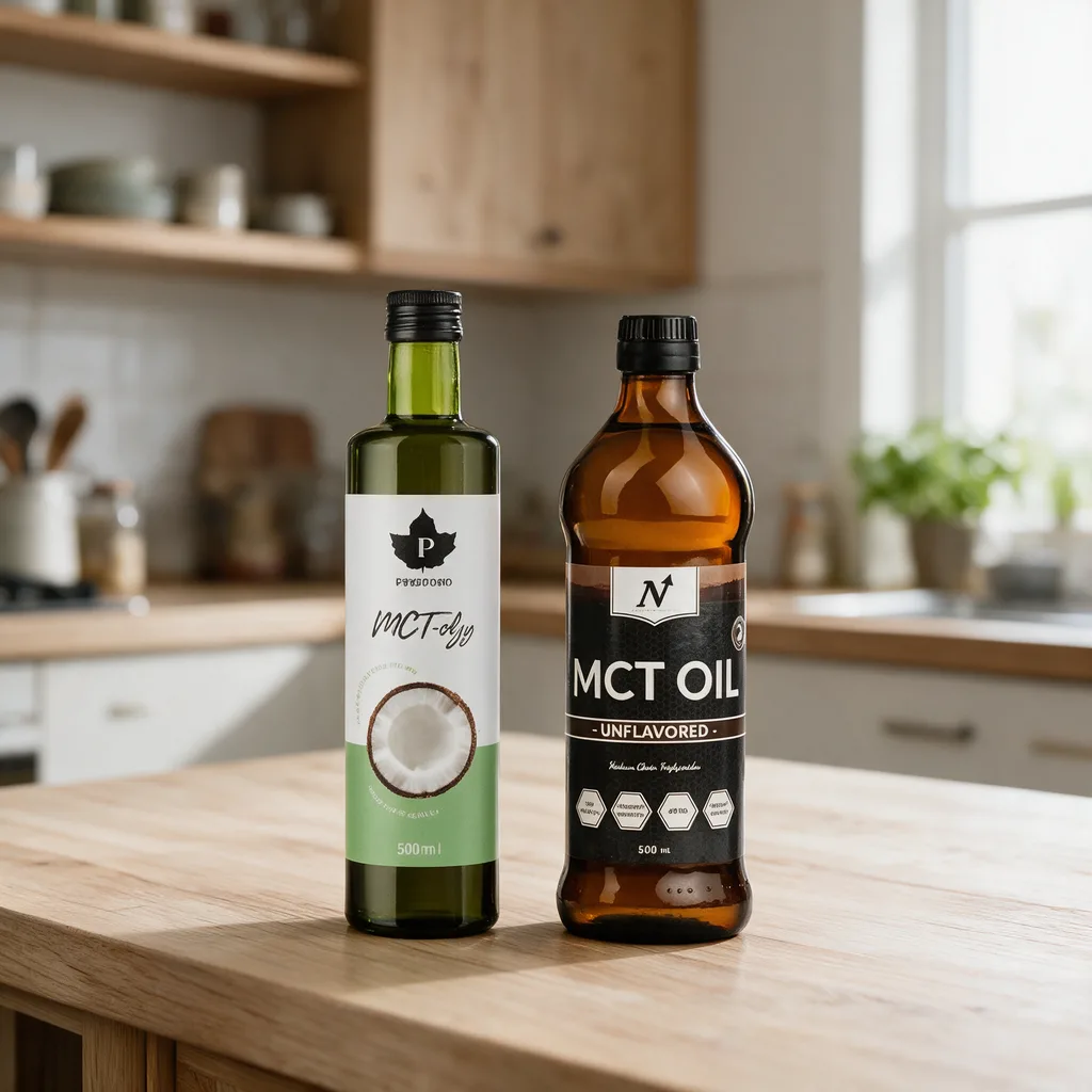 Vihreä Puhdistamo MCT-öljy -pullo ja ruskea Nyttoteket MCT Oil -pullo vierekkäin keittiön työtasolla