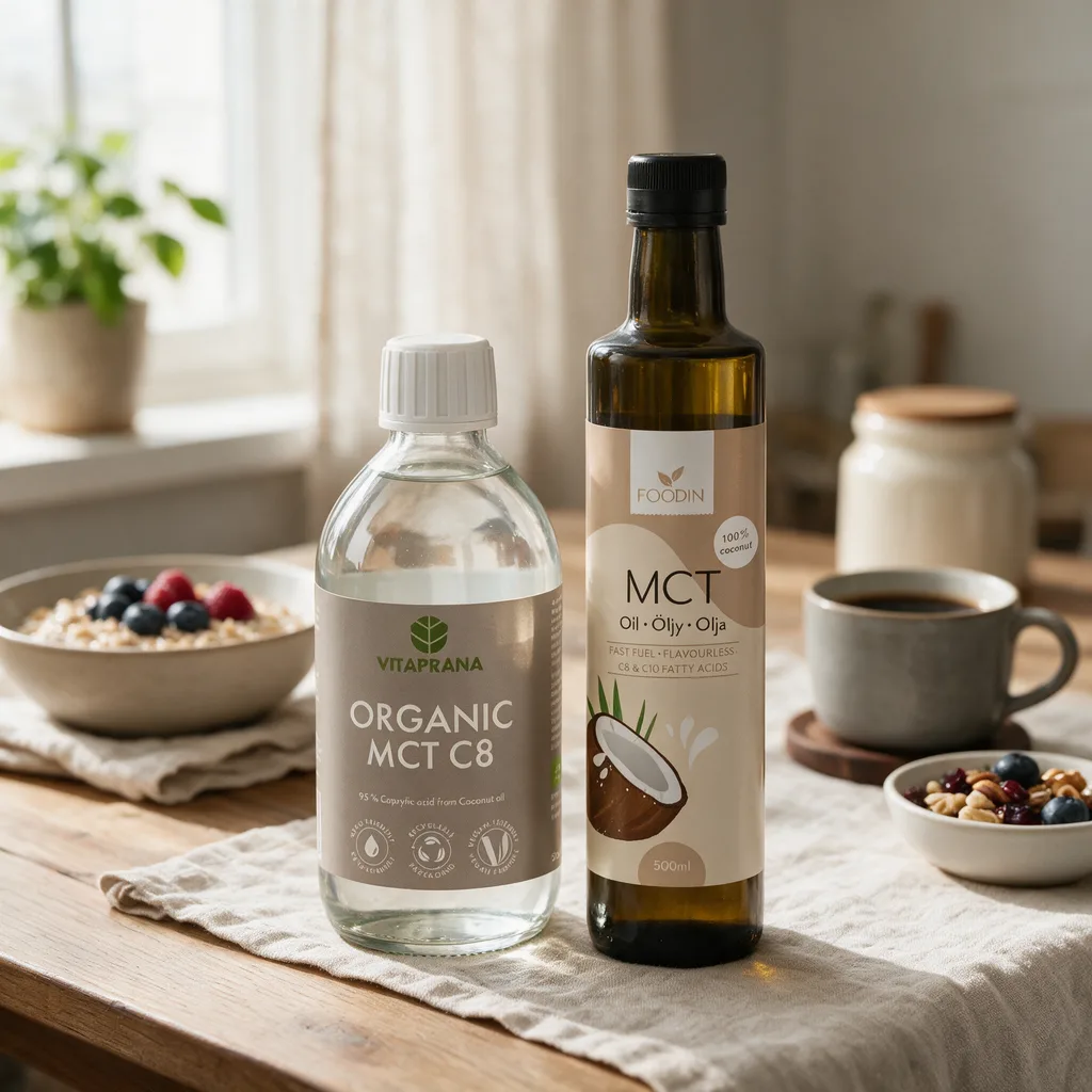 Kirkas Vitaprana Organic MCT C8 -muovipullo ja tumma Foodin MCT-öljy -pullo vierekkäin aamupalapöydällä