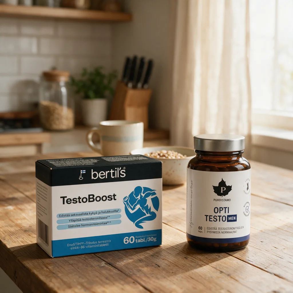 Sinivalkoinen Bertils Testo Boost -rasia ja ruskea Puhdistamo Opti Testo Men -purkki keittiön tasolla aamuvalossa