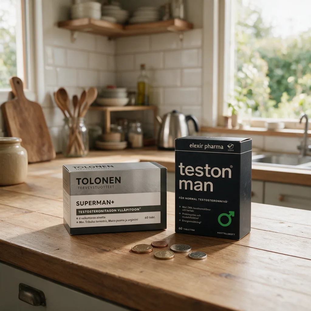 Harmaa Tolonen Superman+ -rasia ja musta Elexir Pharma Teston Man -rasia keittiön tasolla, välissä muutama kolikko