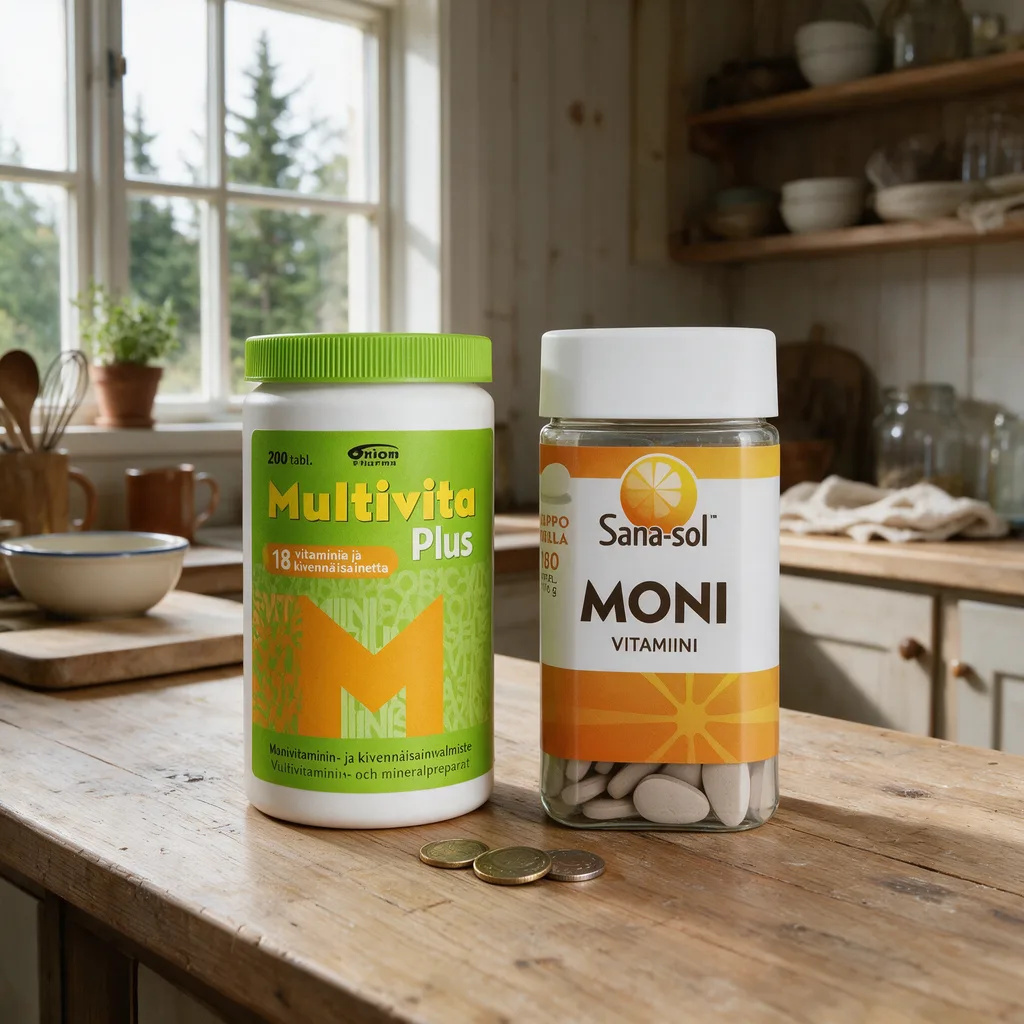 Multivita Plusin vihreäkantinen purkki ja Sana-solin oranssietikettinen purkki puutasolla, välissä muutama kolikko